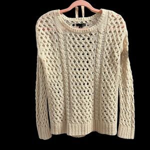 Sz S, Aqua open crochet cream color cable knit sweater